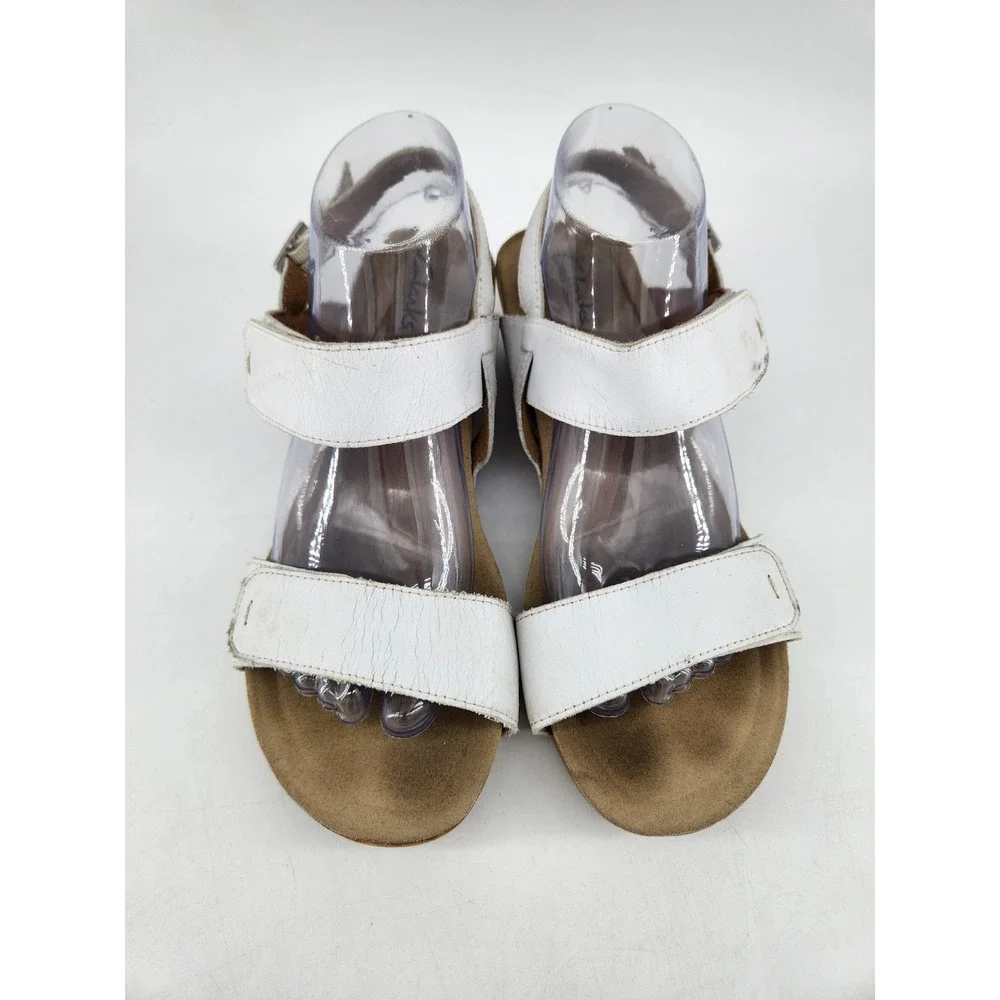 Clarks Strappy Wedge Sandals Womens 9W White Leather Adjustable Straps Slingback